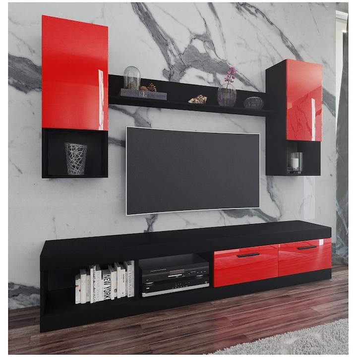 Living/Biblioteca Irim Pascale, 200x38.5x171 cm, Negru si Rosu, PAL lucios.