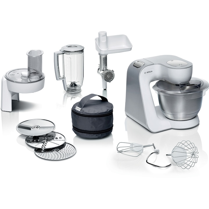 Robot de bucatarie Bosch MUM58231, 1000 W, 7 viteze + pulse, bol 3.9 l, blender de 1.25l, masina de tocat, indicator LED pentru modul de operare si semnalizare erori, pozitie de repaus automata pentru modul stand-by, soft start, argintiu
