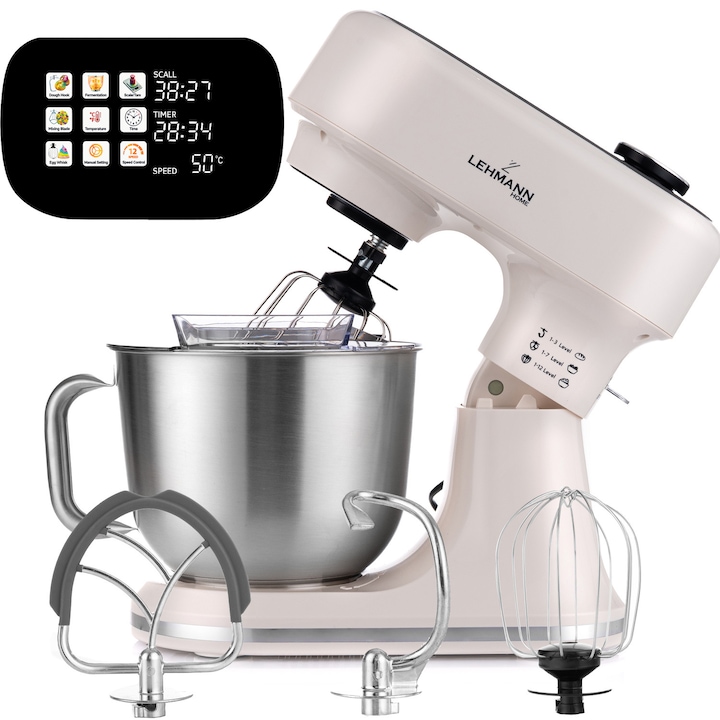 Robot de bucatarie planetar, Lehmann Aristo, 1500W, bol 5L, 12+4 programe, afisaj LCD, afisaj tactil, fermentare, cantar, cronometru, BPA Free, bej, functie de cantarire, 4.9 kg, 355x350x230mm