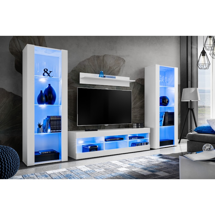 Set Mobila Living, komodee, Tivoli Set Grande, Comoda RTV, Biblioteca, Rafturi, Iluminari LED albastru, PAL, 250 x 159 x 35 cm, Alb/Alb