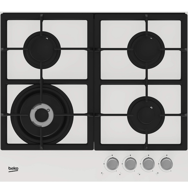 Plita incorporabila Beko HILW64225SW, Gaz, 4 arzatoare, Wok, High-Efficiency Gas Burner, Gratar de fonta, 58.5 cm, Alb