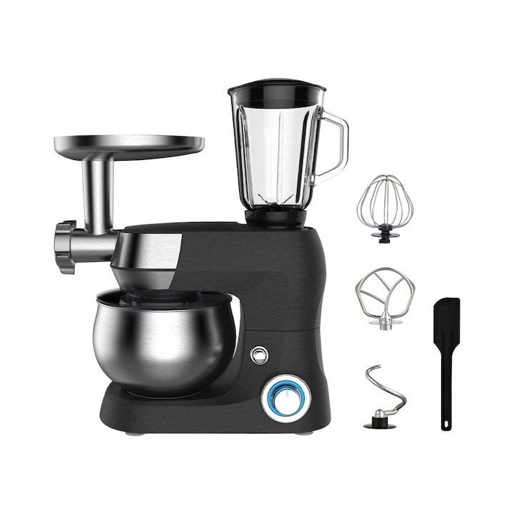 Robot de bucatarie 3-in-1(mixer, blender, masina de tocat), capacitate 6L, putere 1500W, 12 trepte de viteza, din otel inoxidabil, negru