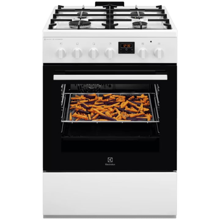 Aragaz Electrolux LKK660220W, Mixt, 4 arzatoare , Siguranta plita, Aprindere integrata, Cuptor electric, Plus Steam, AirFry, Timer, Grill electric, Clasa A, 60 cm, Alb