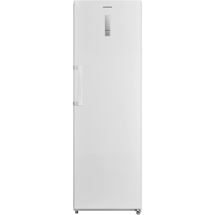 Frigider cu o usa Heinner HF-M362NFE++, 362 l, Clasa E, No frost, Display, Control electronic, Functie super racire, Alarma usa deschisa, Lumina led, 5 rafturi de sticla, 2 sertare pentru fructe si legume, H 185 cm, Alb