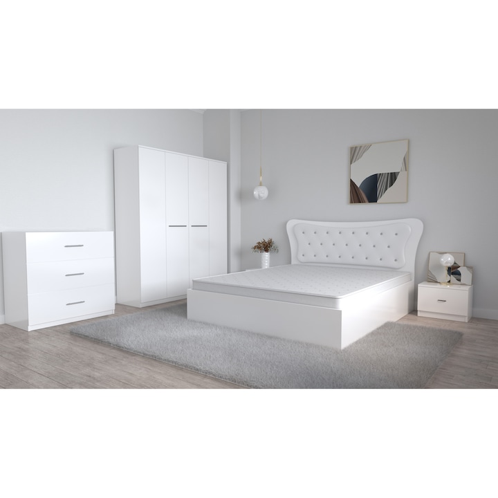 Set Dormitor Dante Alb, Pat Matrimonial 160 cm x 200 cm si Noptiere 48 cm X 32 cm X 35 cm si Dulap Lorena 4 usi 183 cm x 192 cm x 50cm si Comoda TV 3 sertare 90 cm x 80 cm x 43 cm