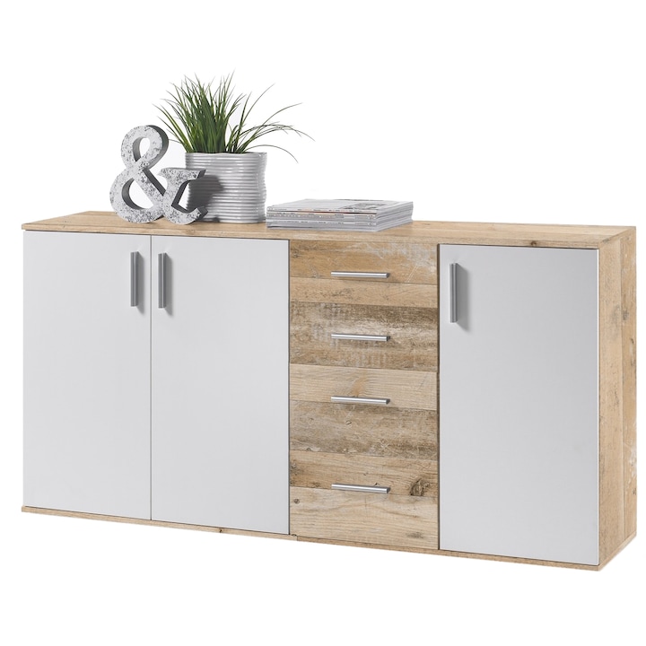 Comoda CHARLY-BOBBY 160x82x35 cm, 3 usi, 4 sertare, culoare Alb Mat, Old Style