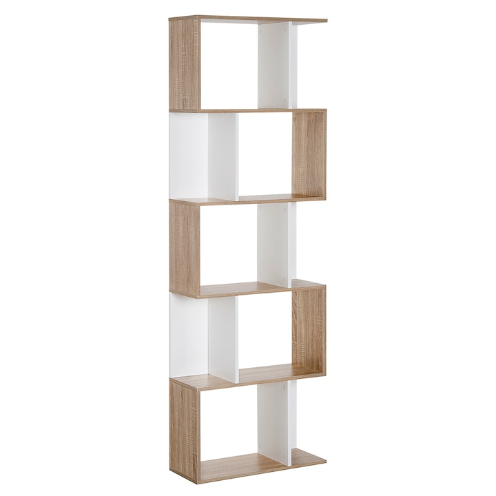 Biblioteca de perete moderna Homcom 5 rafturi din lemn alb/stejar, 60x24x184.5 cm