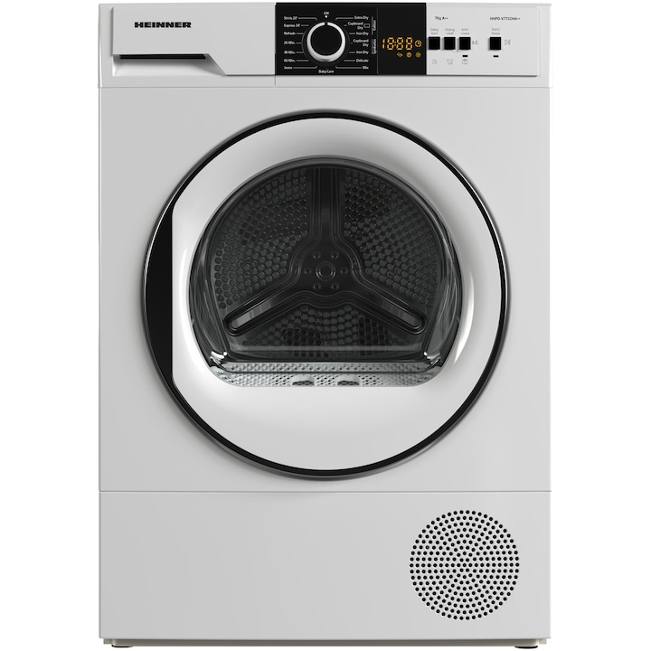 Uscator de rufe Heinner HHPD-V7T1CHA++, Pompa de caldura, 7 kg, 15 programe, Clasa A+/E, Display LED, Lumina cuva, Indicator curatare filtru scame, Indicator rezervor colectare apa plin, Blocare acces copii, Alb