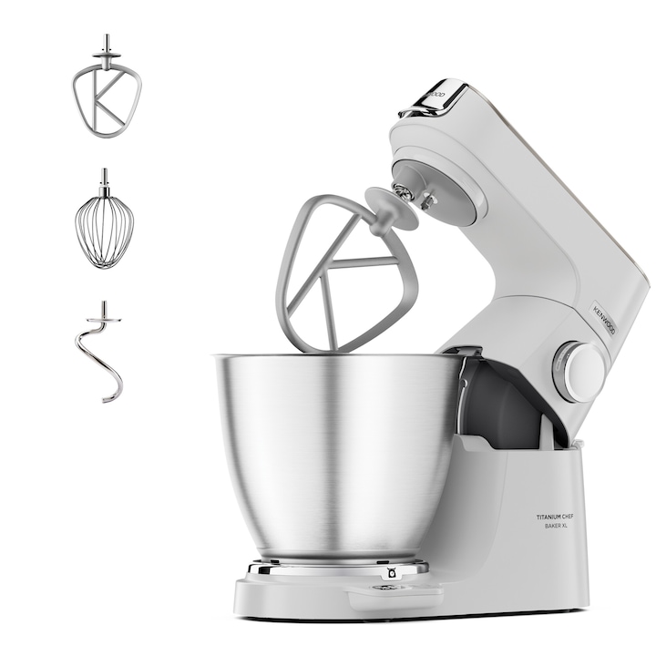 Robot de bucatarie KENWOOD Titanium Chef Baker XL KVL65.001WH, 1200 W, vas 7 l, 10 trepte viteza, cantar integrat, ecran LCD, 3 accesorii patiserie, alb