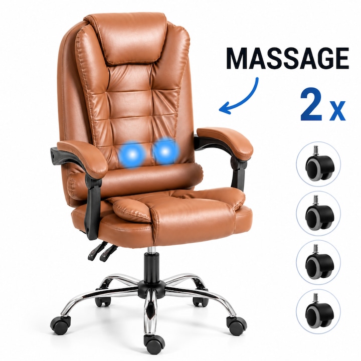 Scaun De Birou Directorial Ergonomic cu Masaj KD Home® ErgoLux Regal Comfort, 2 Seturi Roti Incluse, Perna Lombara, Inaltime Reglabila, Mecanism Tilt, Maro