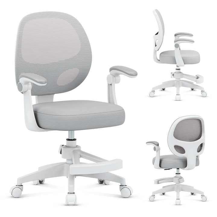 Scaun de Birou pentru Copii, Mark Adler, Junior 3.1, Ergonomic, Inaltime Reglabila, Cotiere Pliabile, Suport pentru Picioare Reglabil, Material Respirabil, Scaun Birou Cu Suport Picioare Retractabil, Gri