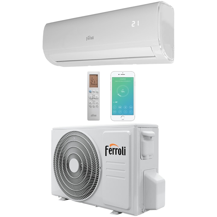 Aparat de aer conditionat Ferroli Giada 12000 BTU Wi-Fi, Clasa A++/A+, functie incalzire, Super Ioniser, 4 filtre de aer, 2CP001MF-C, alb