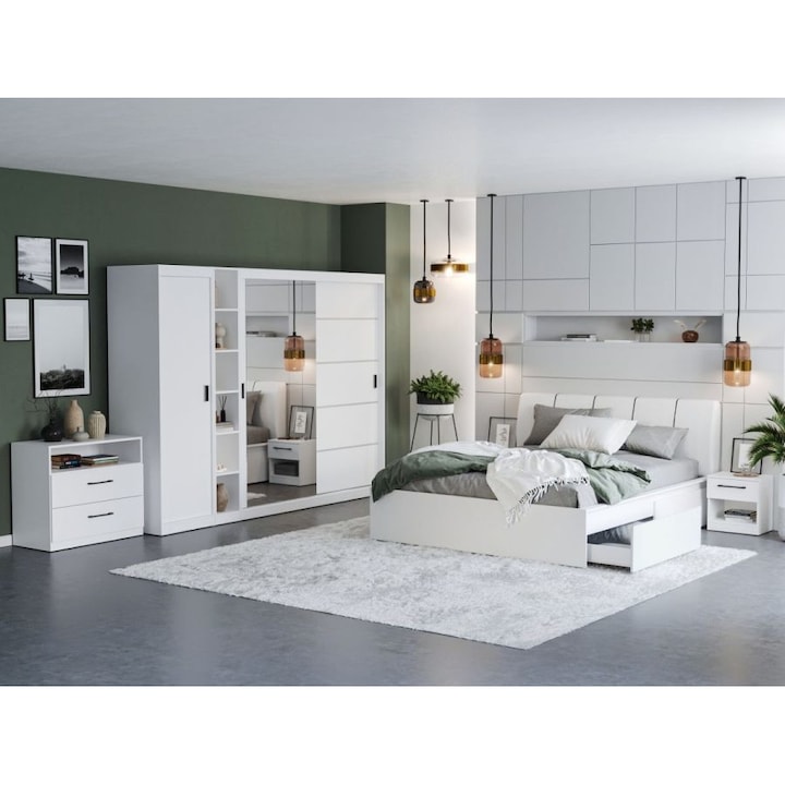 Set Dormitor Nordis, c/26, Pat tapitat, 160x200, Dulap 256.4cm cu Oglinda, Comoda, Noptiere, Culoare Alb