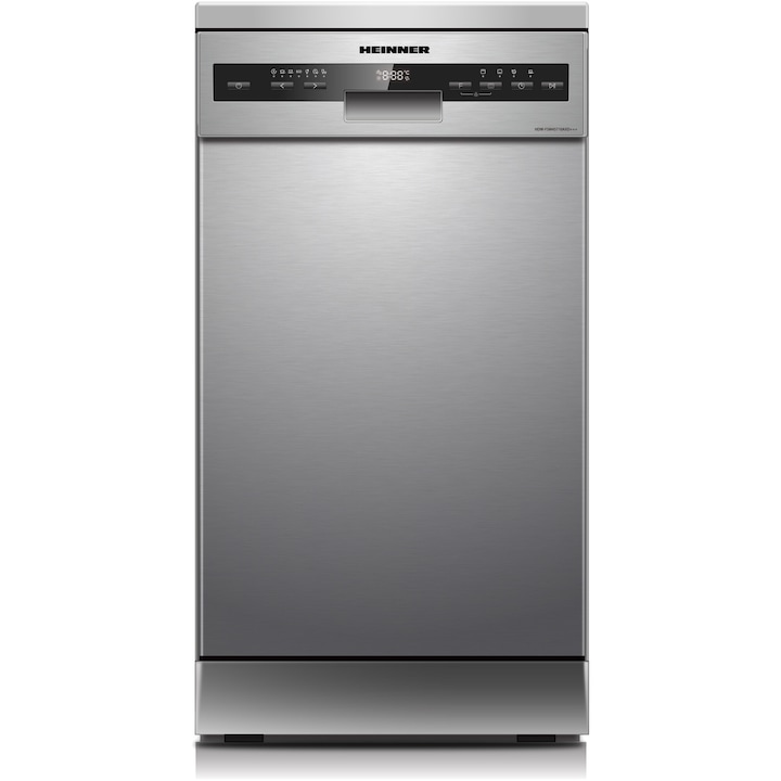 Masina de spalat vase Heinner HDW-FSM45710AXD+++, 10 seturi, 7 programe, Auto-Door opening, Control electronic, Display LED, Clasa D, 45 cm, Inox
