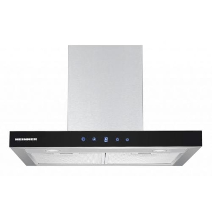 Hota incorporabila decorativa Heinner DCH-650TIX, Putere absorbtie 585.8 mc/h,Clasa B, Control touch, Timer, Iluminare led, 60 cm, Inox + Sticla neagra