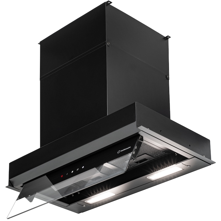 Hota incorporabila Turbionaire Enia 60 TEN60BB, L 60 cm, Motor Brushless 800mc/h, Clasa energetica A++, Control tactil pe Panoul mobil, Dubla aspiratie, Sticla tratata termic, Instalare flexibila, Iluminat Led, 3 viteze+Boost, Finisaj negru