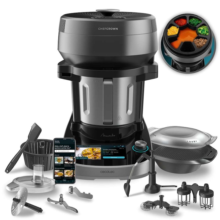 Robot de bucatarie multifuncțional Cecotec Mambo CooKing cu distribuitor de alimente 4701_crs, 2200 W, 45 functii, ulcior unic de 4.5 l, accesorii: aburit sau paleta pentru tocana, negru/gri