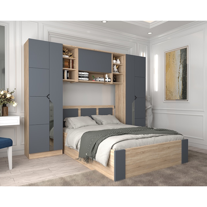 Set Mobila Dormitor KringX Mary, 270x40x203, pat 140x200, culoare sonoma/grafit