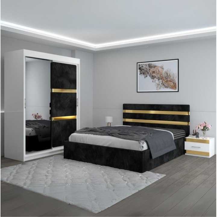 Dormitor Clio Negru Cu Dulap Tapitat AmzMob 160x200