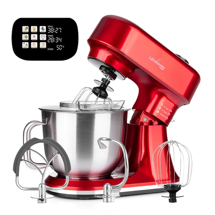 Robot de bucatarie planetar, Lehmann Aristo, 1500W, bol 5L, 12+4 programe, afisaj LCD, afisaj tactil, fermentare, cantar, cronometru, BPA Free, rosu, functie de cantarire, 4.9 kg, 355x350x230mm