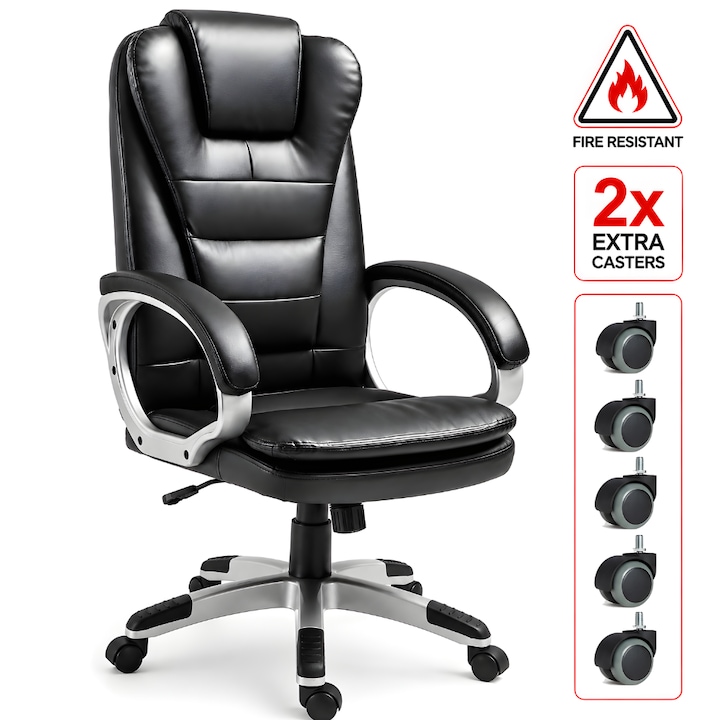 Scaun De Birou Directorial Ergonomic KD Home® Prestige Comfort A59, 2 Seturi Roti Incluse, Extra Perna Sezut, Inaltime Reglabila, Mecanism Tilt, Suporta 180 kg, Negru