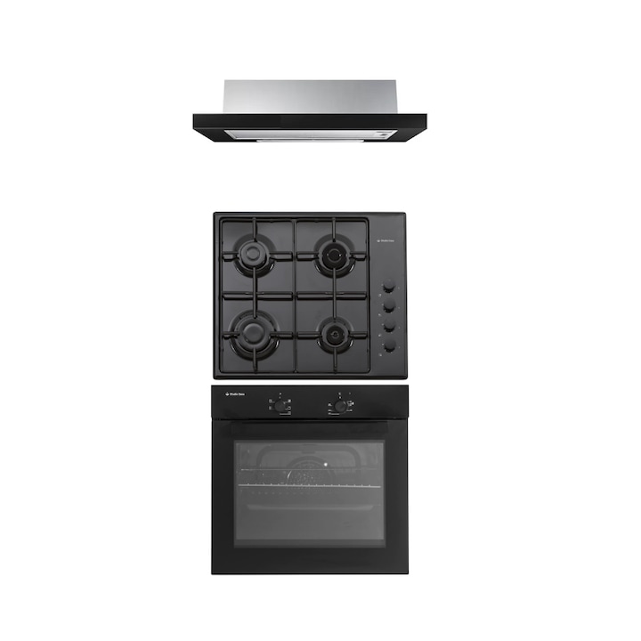 Pachet cuptor electric, plita gaz si hota telescopica Trio Mirage Iseo Black Studio Casa, 56 l, Clasa energetica A, 6 functii, 4 arzatoare gaz, 2 motoare, Negru