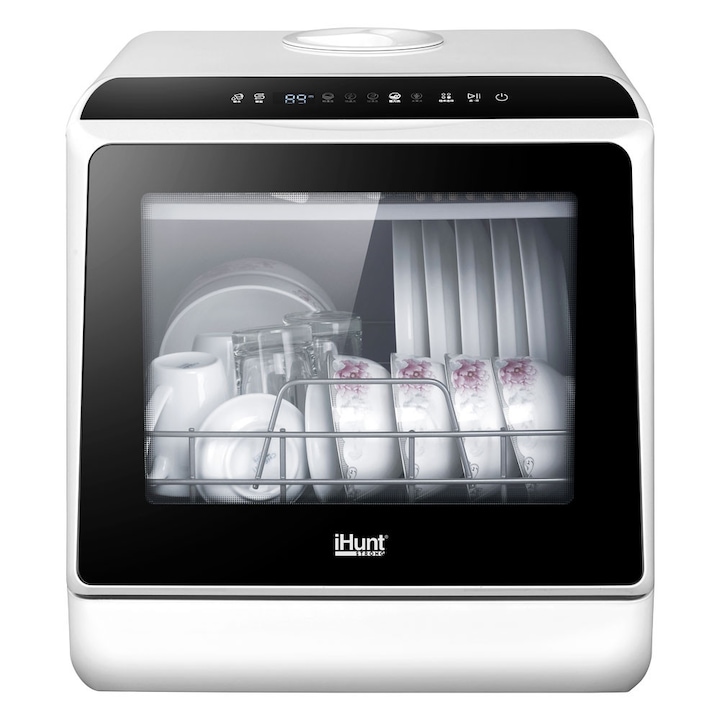 Masina de spalat vase compacta iHunt Bro Dishwasher, Pompa Evacuare, 950W, 6 Programe, Functie Uscare si Antibacteriana, Clasa D, Incalzire Apa, Alimentare apa robinet / manual, Rezervor Economic Apa 5l, 45cm, White