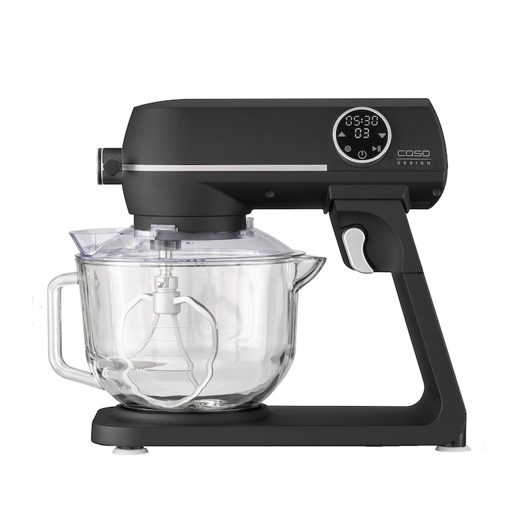Robot de bucatarie Caso Germany, KM1800-G, capacitate 4.5 litri, ideal pentru aluaturi si creme, bol din sticla, 10 trepte de viteza, display LED, touchscreen, timer, cronometru, carcasa aluminiu, accesorii incluse, negru