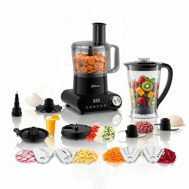 Robot de bucatarie STARCREST SKM1525-10BK, 1500W, Bol 2.5 L, 10 Accesorii, Control digital, Timer, Blender 2 L, Negru