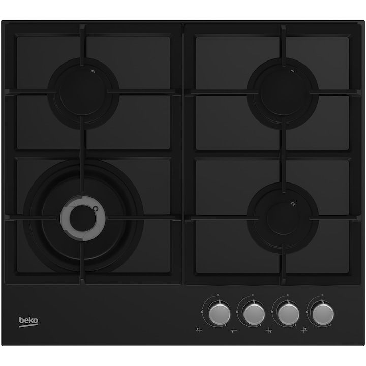 Plita incorporabila Beko HILW64225S, Gaz, 4 Arzatoare, Arzator Wok, 60 cm, Sticla neagra