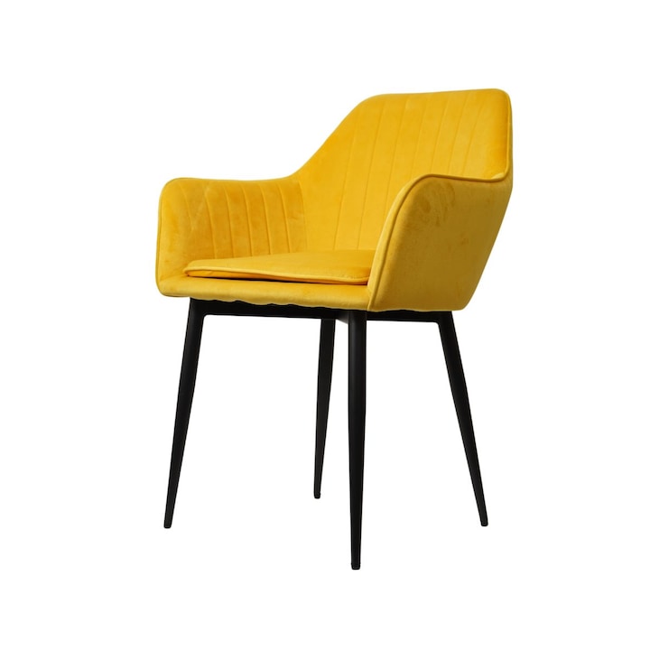 Scaun dining, tapiserie catifea si cadru metalic, galben, fix, Hectarul, 60x84x61 cm