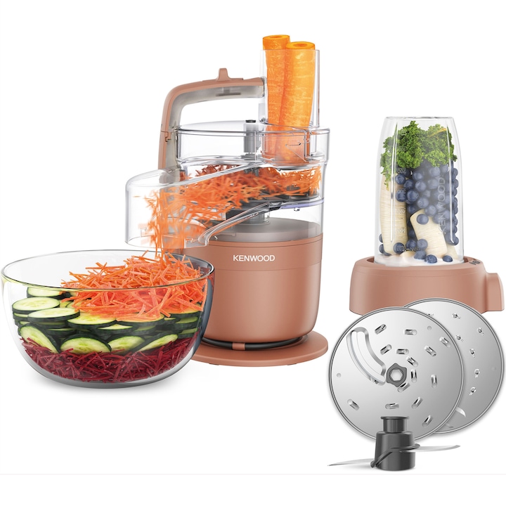 Robot de bucatarie compact KENWOOD MultiPro Go FDP23.380RD, 900W, vas 1.3L, blender 600 ml, 2 trepte viteza, functie 360 Express Serve pentru feliere/razuire nelimitata, portocaliu