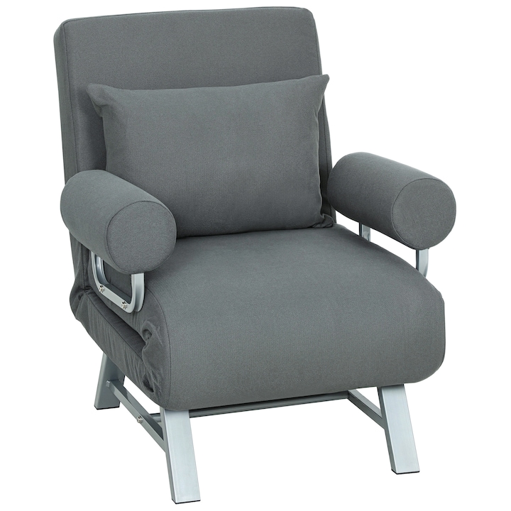 HOMCOM Fotoliu extensibil 3 in 1 cu spatar reglabil pe 5 niveluri, din material textil efect de in, 73x78x81 cm, gri inchis