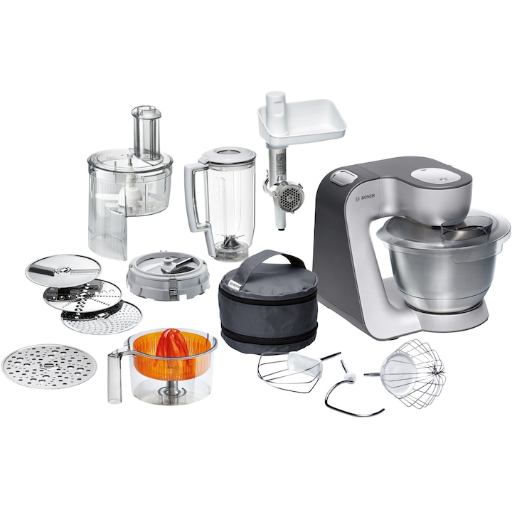 Robot de bucatarie Bosch MUM58364, 1000 W, Bol 3.9 l, blender, masina de tocat, cube cutter, 7 viteze, 3D PlanetaryMixing, Gri
