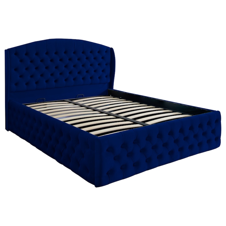 Pat dublu tapitat model Vancouver Deluxe 160/200 cm culoare bleumarin cu somiera metalica rabatabila si spatiu de depozitare