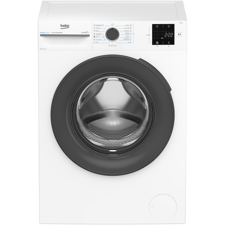 Masina de spalat rufe Beko BM3WFSU39413W, 9 Kg, 1400 RPM, Clasa A, SteamCure, Recycled Tub, ProSmart Inverter Motor, AddXtra, WaterMode, ColdWash, Alb