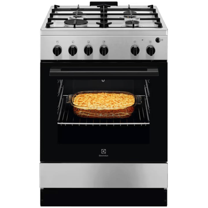 Aragaz Electrolux LKG604013X, Gaz, 4 arzatoare, Aprindere integrata plita si cuptor, Siguranta plita si cuptor, Autocuratare catalitica, Grill electric, Rotisor, Clasa A, 60 cm, Inox antiamprenta