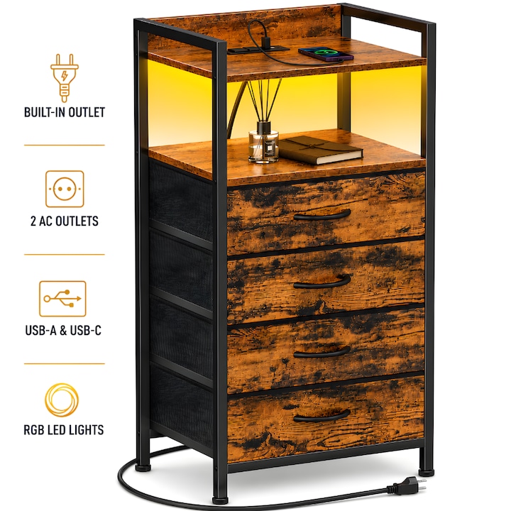 Noptiera cu Lumina KD Home® LumiRest, 4 Sertare, 84 x 40 x 30, Cu 2 Prize, USB si USB Type C, Banda LED RGB si Telecomanda, Cadru Metalic, Maro
