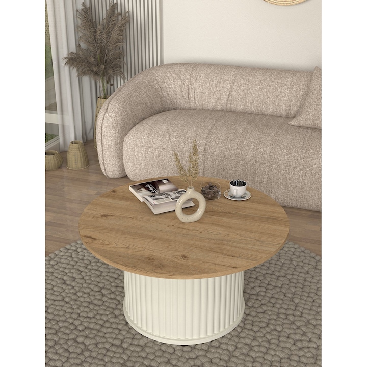 Masa de Cafea Rotunda UnicUtil cu Picior Coloana Crem, Masuta de Living cu Baza Cilindrica Canelata, Blat PAL Melaminat Aspect Lemn Stejar, Diametru 85 cm, Inaltime 43 cm, Design Modern pentru Sufragerie