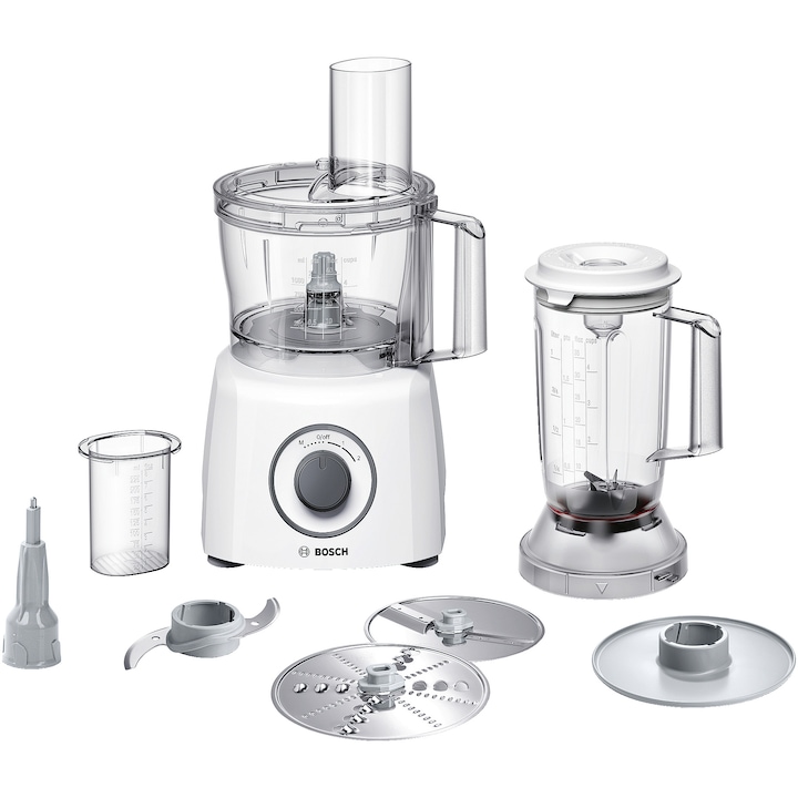 Robot de bucatarie Bosch MultiTalent 3 MCM3200W, 800 W, capacitate 2.3L, blender 1L, 2 trepte de viteza, peste 30 de functii, gri/alb