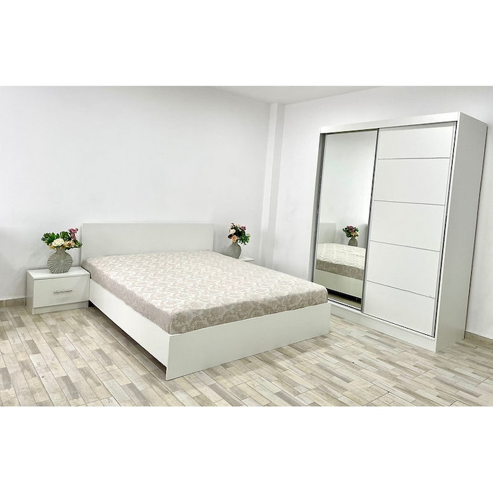 Set Dormitor Albania, Pat 160 cm x 200 cm si Noptiere 50 cm x 35 cm x 38 cm si Dulap cu oglinda si usi glisante 150 cm x 200 cm