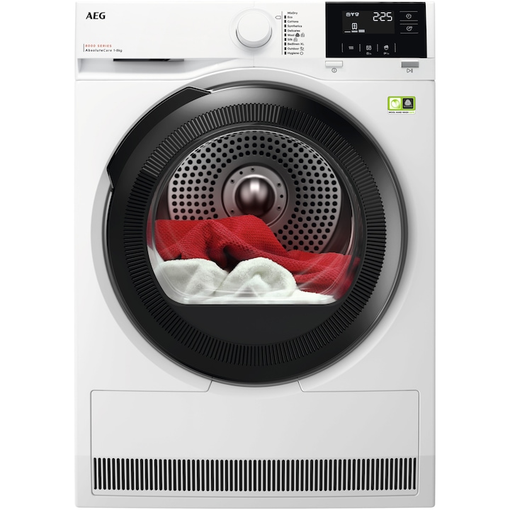 Uscator de rufe AEG TR8184E, Pompa de caldura, 8 kg, Clasa energie B, Motor Inverter, Tehnologie AbsoluteCare+SensiDry, Alb