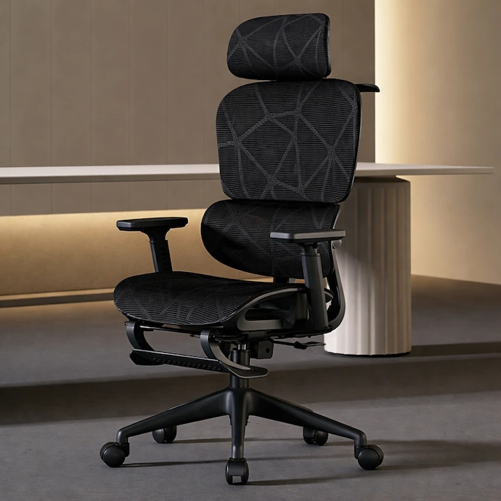 Scaun Ergonomic, TOP SCAUNE®, Scaun Birou Reglabil, Functie Translatie Sezut, Cotiere 3D Reglabile, Tetiera 3D, Suport Lombar, Spatar Reglabil Inaltime, Mecanism Inclinare 90–135°, Pivotant 360°, Suport Picioare Retractabil, Mesh Respirabil, Negru