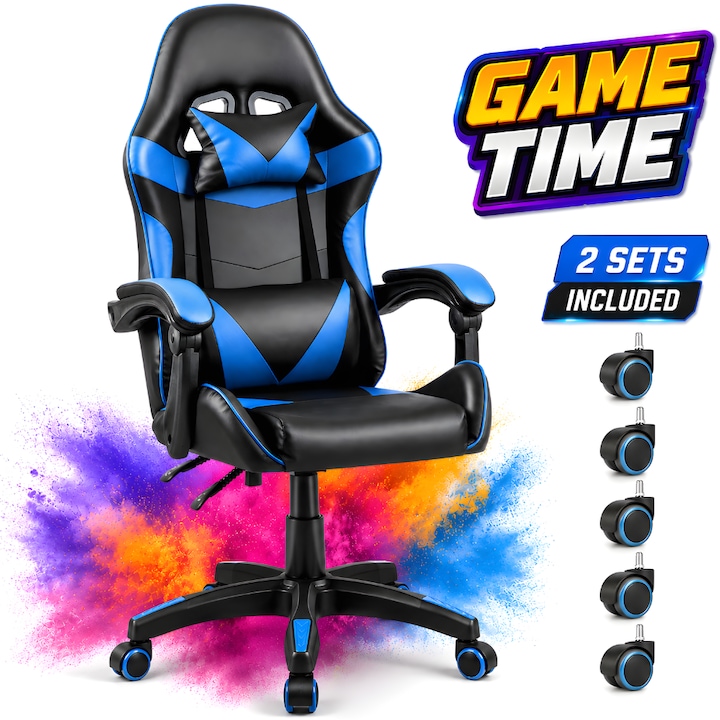 Scaun Gaming Ergonomic KD Home® ShadowStrike X1, 2 Seturi Roti Incluse, din Piele Ecologica, Suport Lombar, Perna Tetiera, Spatar Rabatabil 165°, Pana la 140 kg, Mecanism Tilt, Negru