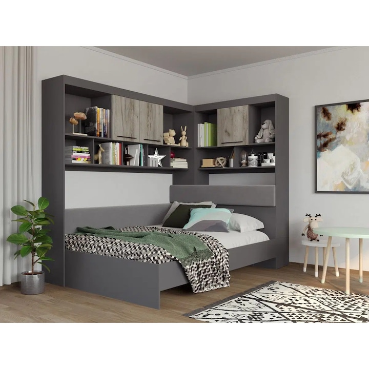 Set Dormitor Colt, Lucio C2, Gri/Lemn, Pat 140x200cm, Corpuri Suprapozabile