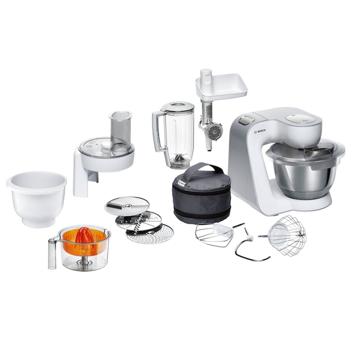 Robot de bucatarie Bosch MUM5 MUM58258, 1000 W, 7 viteze + Pulse, bol 3.9 l, Alb/Argintiu