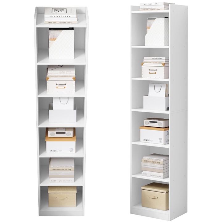 Biblioteca cu 7 rafturi, BADU, alb, robust, 180x40x30 cm