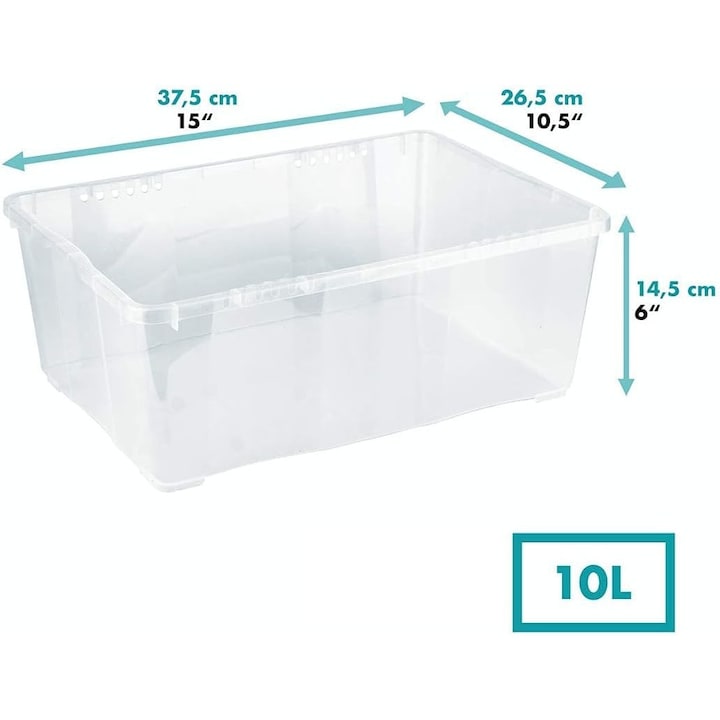 Set 10 buc cutii depozitare 10 L QTBOX, plastic transparent, cu capac si clips de inchidere