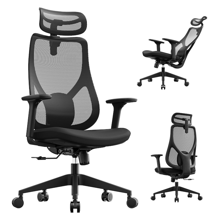 Scaun de Birou SENSE7 MOYO Ergonomic Mesh, Greutate maxima 150 kg, cu suport lombar, cu tetiera reglabila, cu spatar reglabil unghi 90-123°, rotativ, cu mecanism de blocare, cu cotiere reglabile, Negru