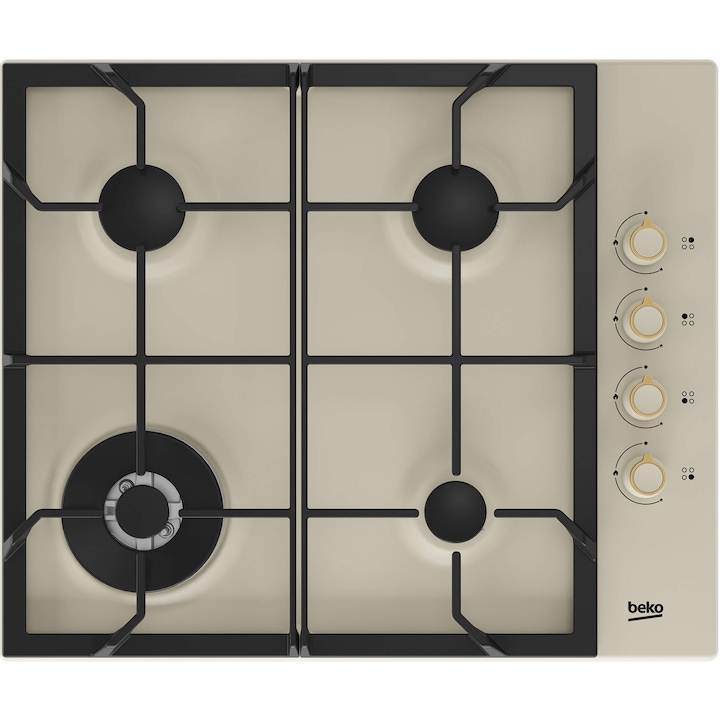 Plita incorporabila Beko HIGG64125SCR, 4 arzatoare, 3 + 1 wok, Siguranta plita, Aprindere integrata, 60 cm, Crem